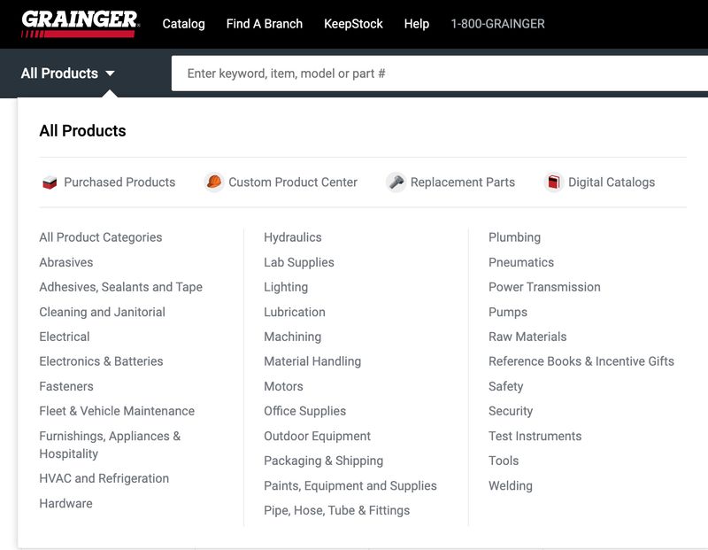 expanded "All Products" menu at Grainger.com