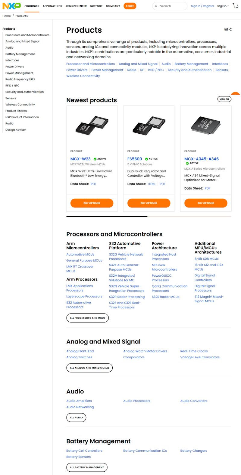 well-organized product page from semiconductor manufacturing company NXP featuring clear product categories and search functionality