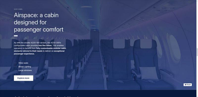 product video on Airbus' "A220-300” web page showing the airplane cabin's seats, lighting, and windows