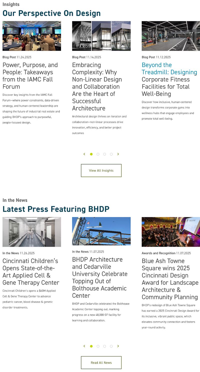 screeenshot of BHDP's architectural firm website homepage showing recent dates on blog articles