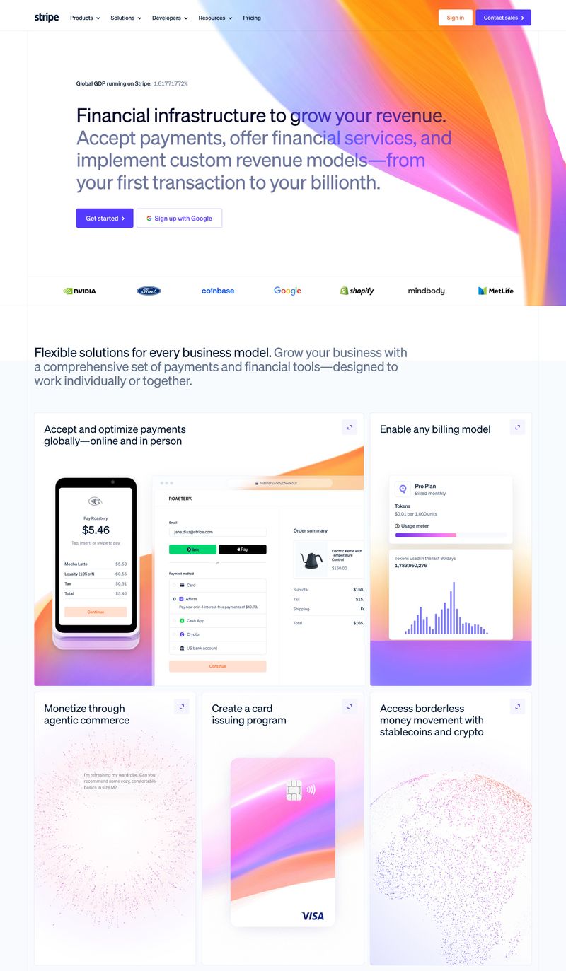 Stripe homepage showing bold typography, dynamic color gradient, clear value proposition, client logo bar with major brands, and modular solutions section with product demonstrations