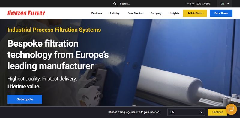 homepage of industrial B2B company Amazon Filters featuring a sticky navigation menu with search functionality