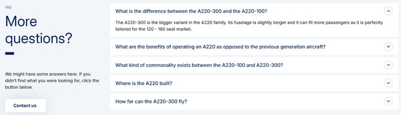 FAQ section of Airbus' "A220-300” web page