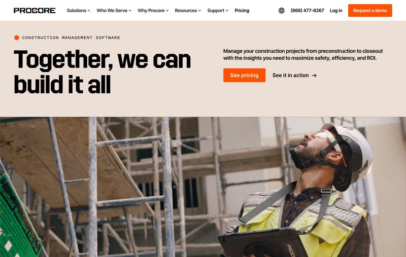 Procore homepage hero section featuring construction site photography alongside a clear headline, supporting text, and dual call-to-action buttons.