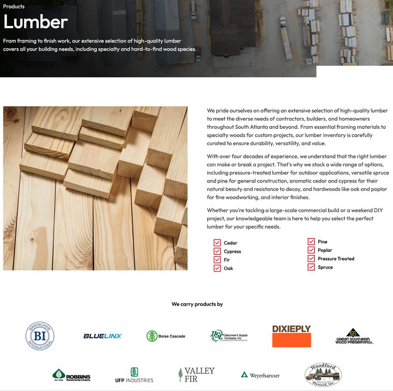 "Lumber" product page for Carl E. Smith & Son’s Building Materials reflecting their current lumber options and the manufacturers whose products they carry