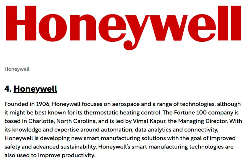 screenshot of Honeywell's feature in Manufacturing Digital's expert roundup of the top manufacturing technology companies