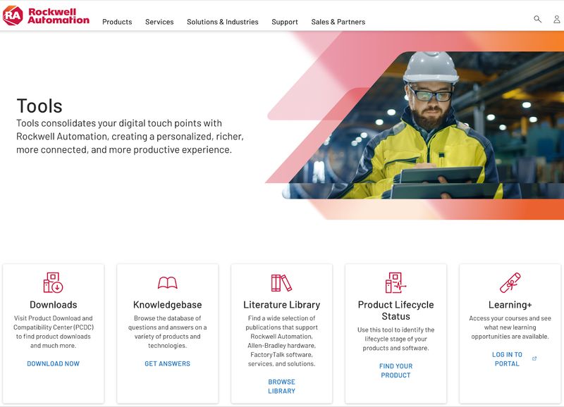 digital tools offered on Rockwell Automation's "Tools" web page, including document downloads and product lifecycle status tools