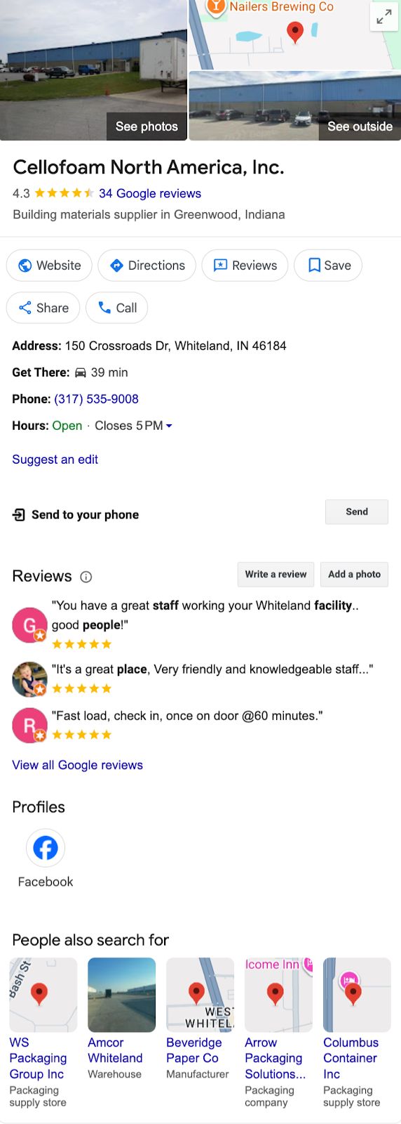 screenshot of B2B manufacturer Cellofoam North America, Inc.'s Google Business Profile