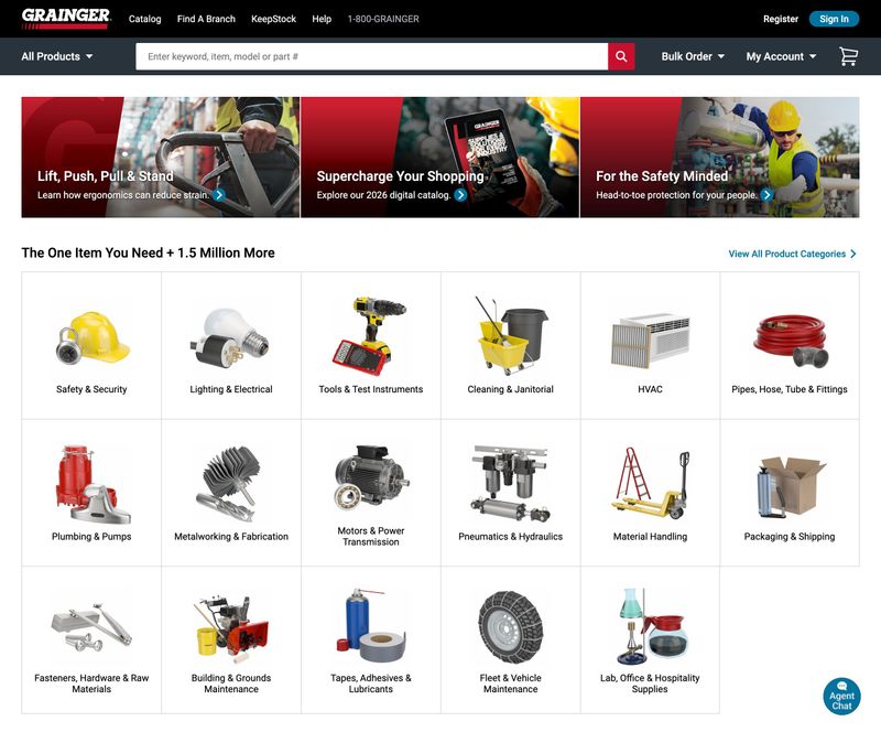 Grainger homepage product category grid with the headline The One Item You Need Plus 1.5 Million More showing 16 product categories organized as visual tiles