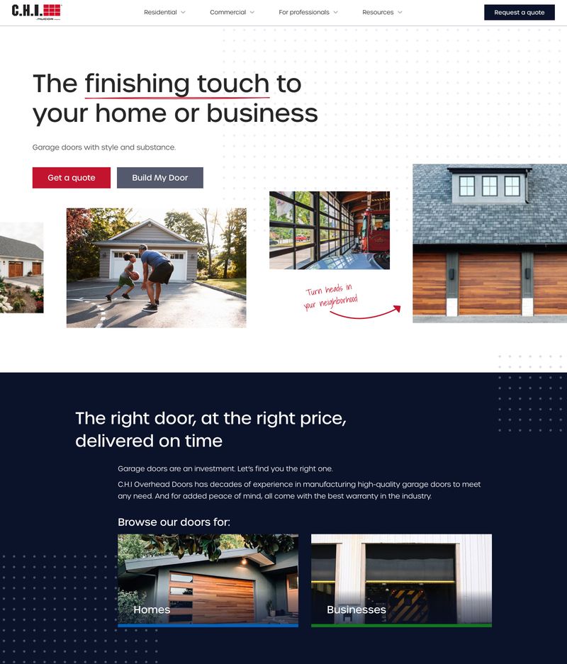 C.H.I. Overhead Doors homepage showing modern B2B website design with clear messaging, audience segmentation, and professional layout
