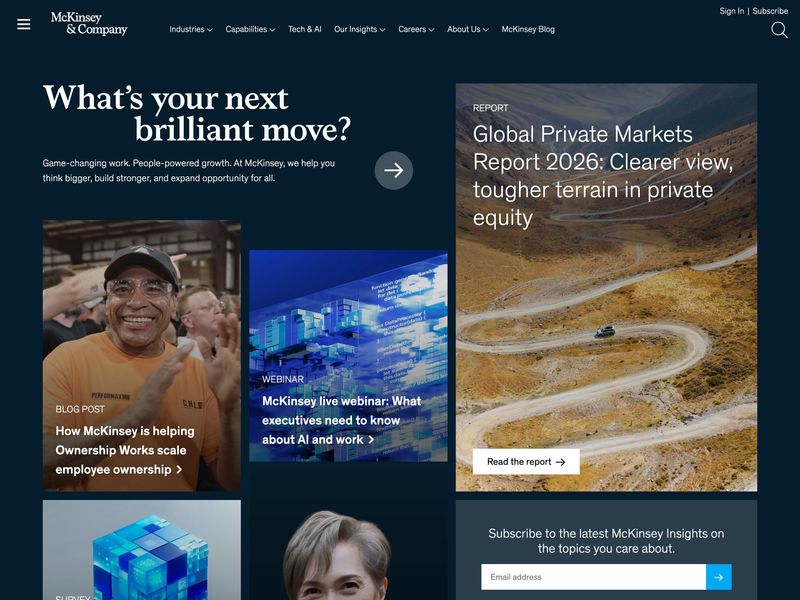 McKinsey and Company homepage with the serif headline Whats your next brilliant move and an editorial grid layout featuring reports and articles on a dark background