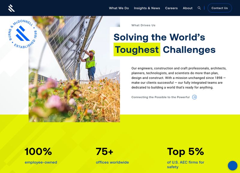Burns and McDonnell homepage showing the headline Solving the Worlds Toughest Challenges with bold metrics including 100 percent employee-owned 75 plus offices worldwide and Top 5 percent of US AEC firms for safety