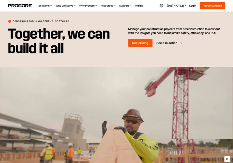 Procore homepage showing dual CTAs in the hero section: an orange "See pricing" button for self-service research and a "See it in action" link for guided demonstrations, with "Request a demo" in the navigation