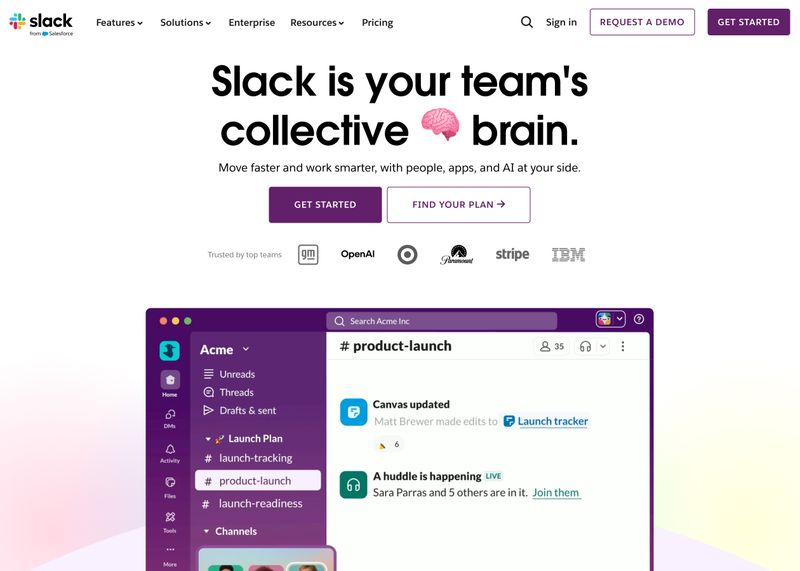 Slack homepage showing clear visual hierarchy from large bold headline to supporting text, prominent CTA buttons, client trust logos, and product screenshot