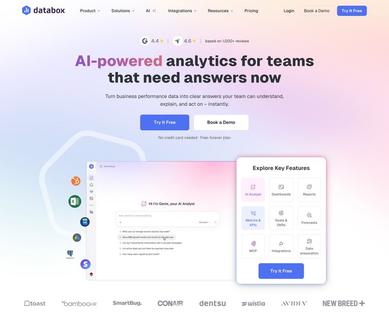 Databox homepage hero section with a value proposition headline, review platform ratings, dual call-to-action buttons, product interface preview, and client logo bar.