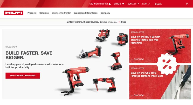 Hilti homepage showing a B2B ecommerce experience with product imagery, promotional pricing, direct purchase CTAs, and navigation that balances shopping with solutions and engineering resources