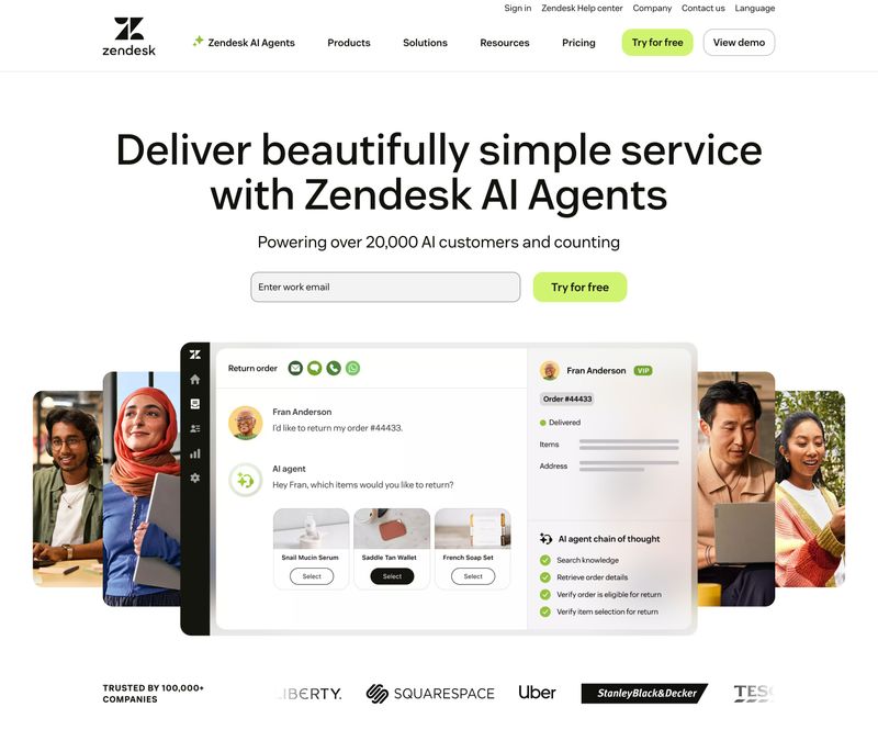 Zendesk homepage showing customer count stat above the signup form, product screenshots demonstrating the platform, and a trusted-by logo bar with recognizable brand names