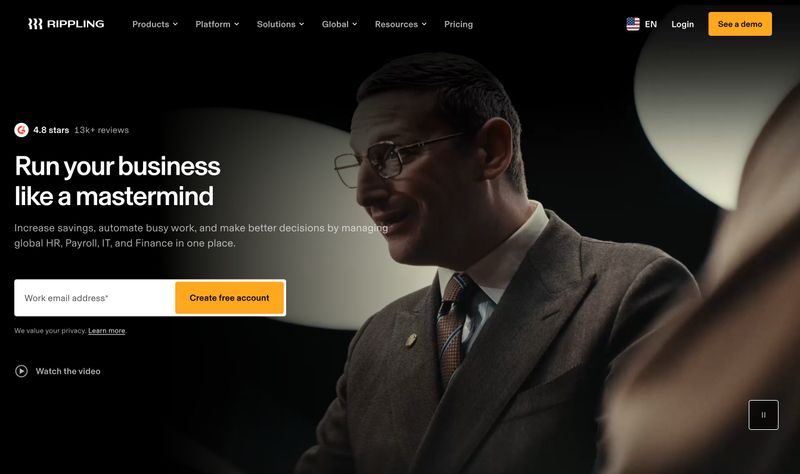 Rippling homepage hero section with the headline Run your business like a mastermind and a single orange call-to-action button